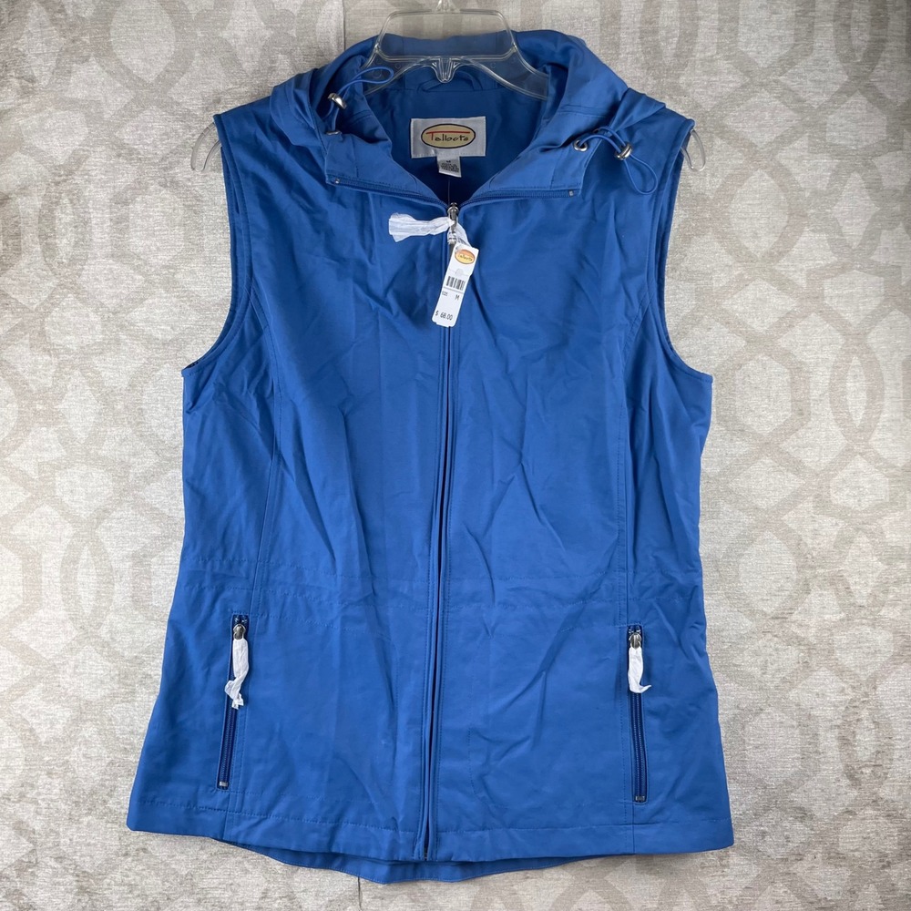 Talbots Hooded Zip Vest Womens Medium Blue Drawstring Waist Cotton Nylon NEW
